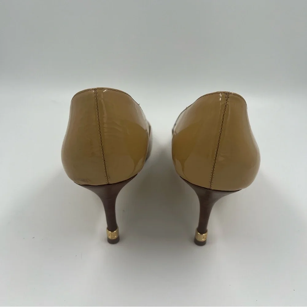 Tory Burch Women’s Open Toe Patent Leather Heels Tan 10 Rounded Toe Peep Toe